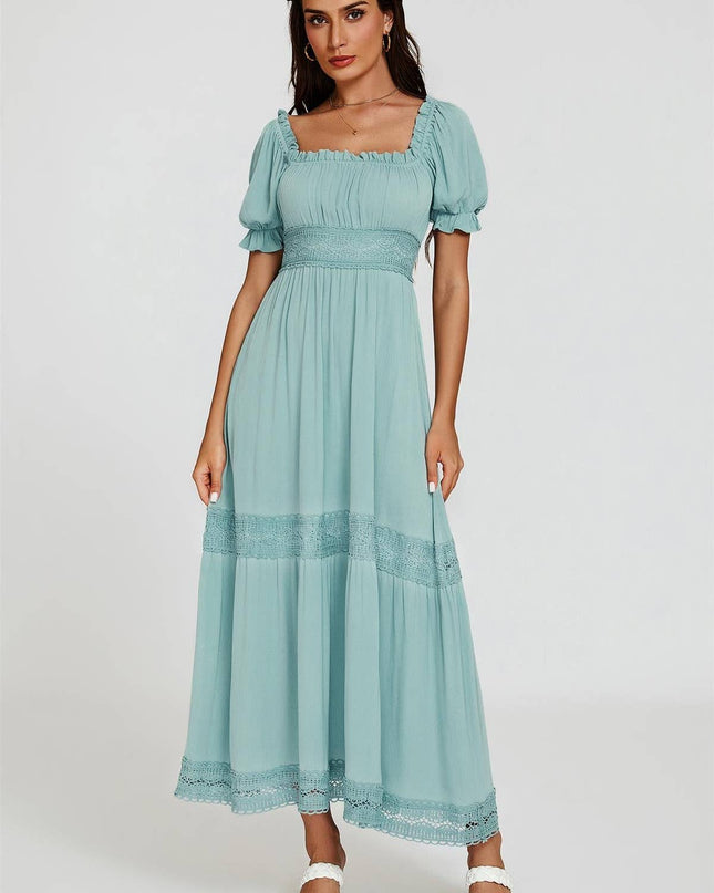 Lace Detail Bardot Maxi Dress in Blue