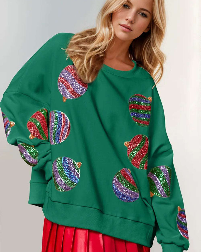 Double Take Christmas Element Sequin Round Neck Long Sleeve Sweatshirt Dark Green