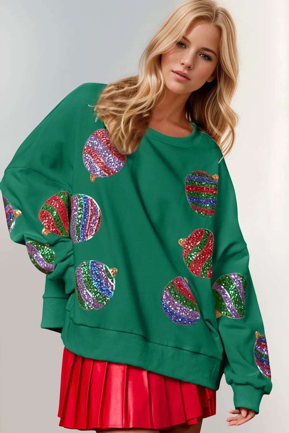 Double Take Christmas Element Sequin Round Neck Long Sleeve Sweatshirt Dark Green
