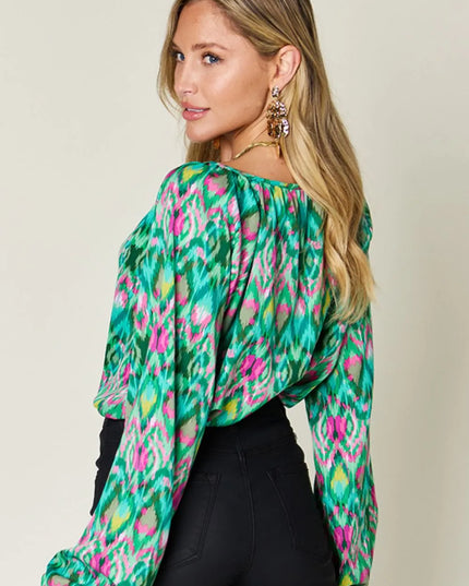 Double Take Full Size Printed Balloon Sleeve Blouse