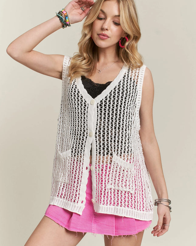 ADORA Button Down Crochet Vest Top WHITE