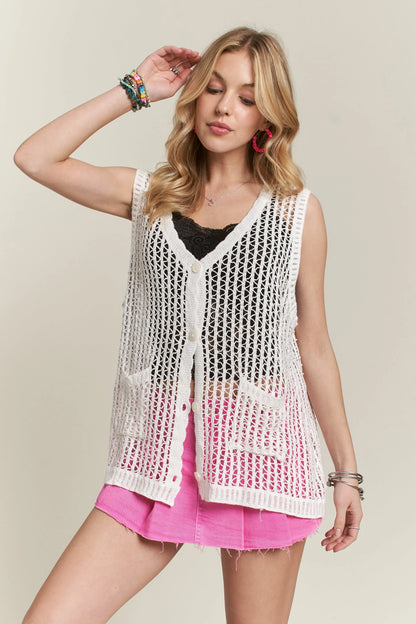 ADORA Button Down Crochet Vest Top WHITE