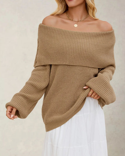Fold-Over Collar Long Sleeve Sweater Khaki