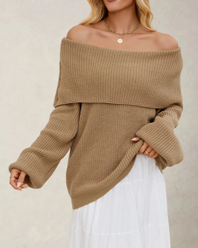 Fold-Over Collar Long Sleeve Sweater Khaki