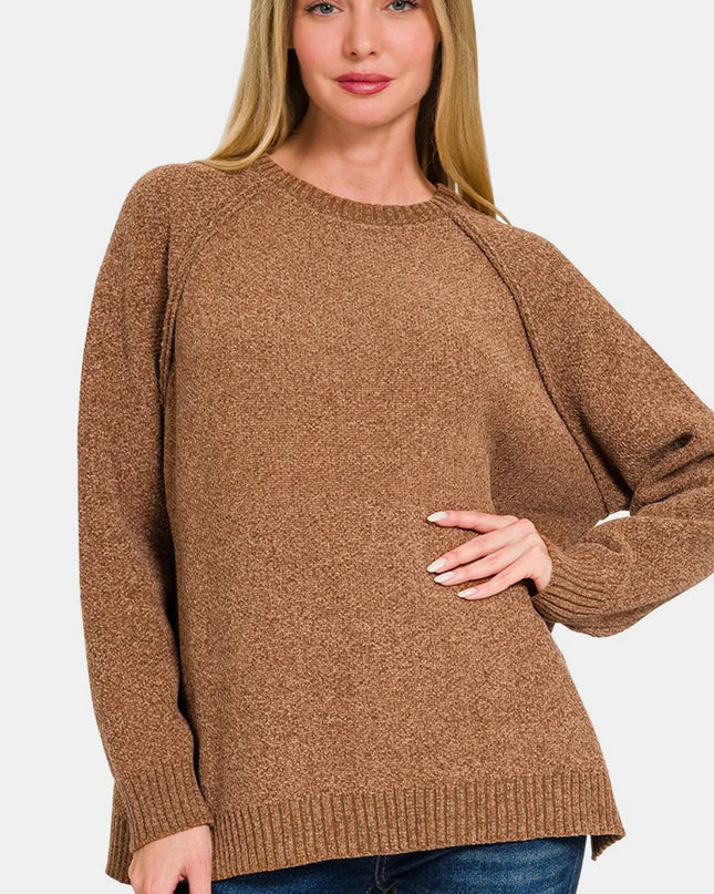 Zenana Side Slit Raglan Sleeve Sweater Deep Camel