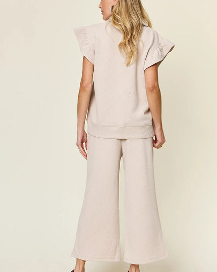 Double Take Texture Ruffle Short Sleeve Top and Drawstring Wide Leg Pants Set