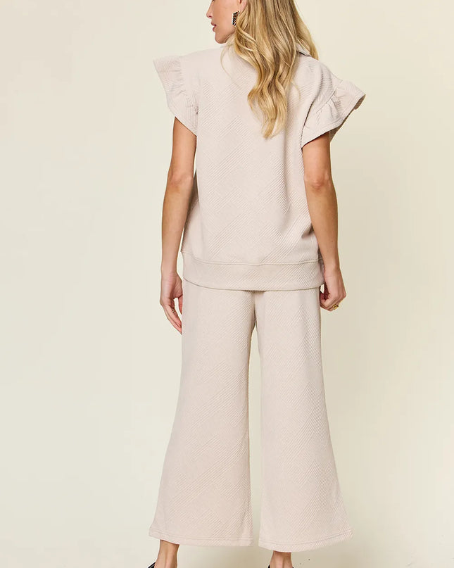 Double Take Texture Ruffle Short Sleeve Top and Drawstring Wide Leg Pants Set