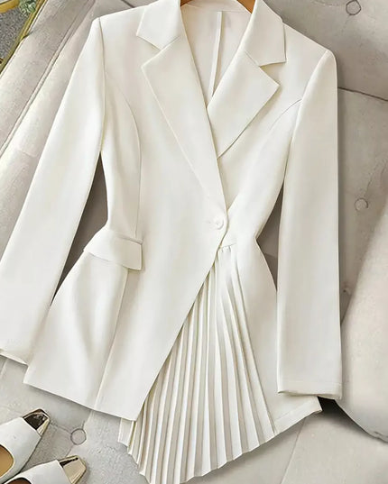 One Button Asymmetric Pleated Hem Blazer White