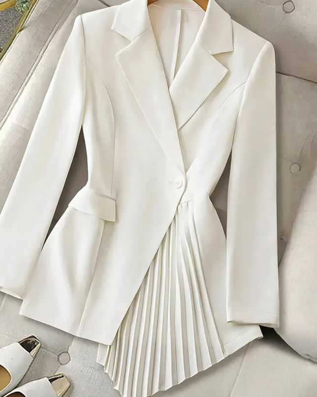 One Button Asymmetric Pleated Hem Blazer White