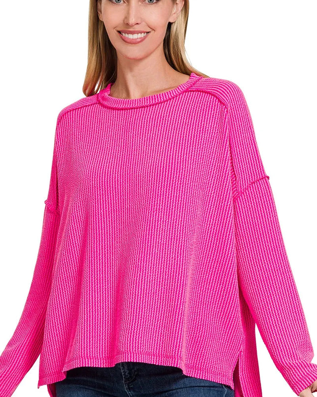 Zenana Exposed Seam Long Sleeve Corded Rib Knit Top HOT PINK
