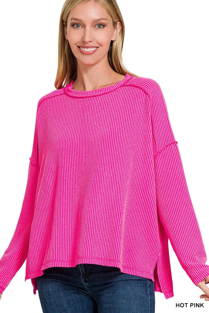 Zenana Exposed Seam Long Sleeve Corded Rib Knit Top HOT PINK