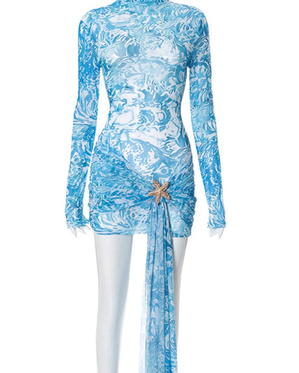 Printed Mock Neck Long Sleeve Mini Dress