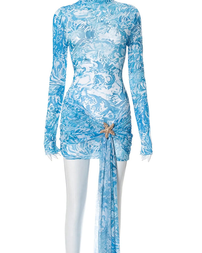 Printed Mock Neck Long Sleeve Mini Dress