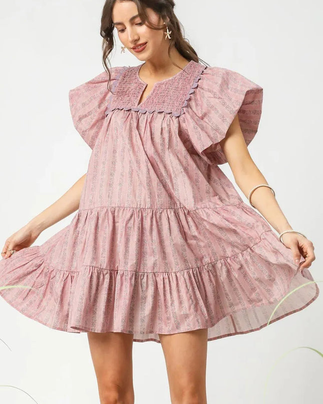 Umgee Floral Ruffled Cap Sleeve Tiered Mini Dress