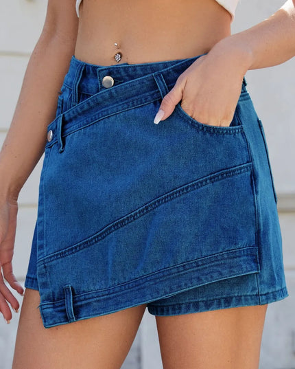 Asymmetrical Denim Skort with Pockets Dark Blue