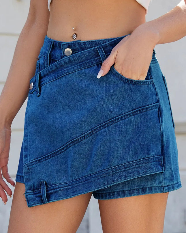 Asymmetrical Denim Skort with Pockets Dark Blue