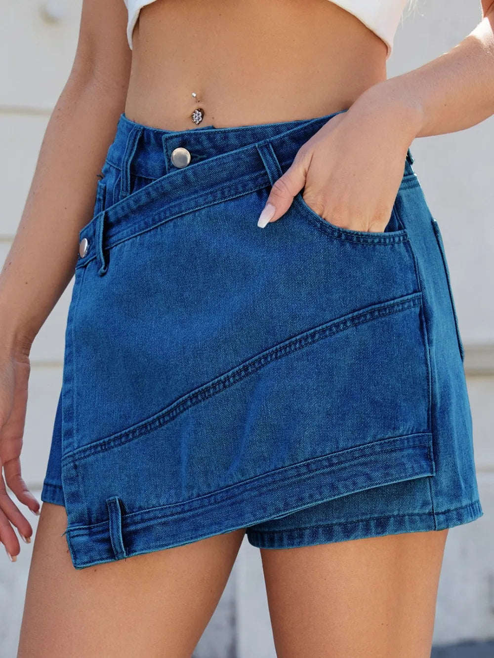 Asymmetrical Denim Skort with Pockets Dark Blue