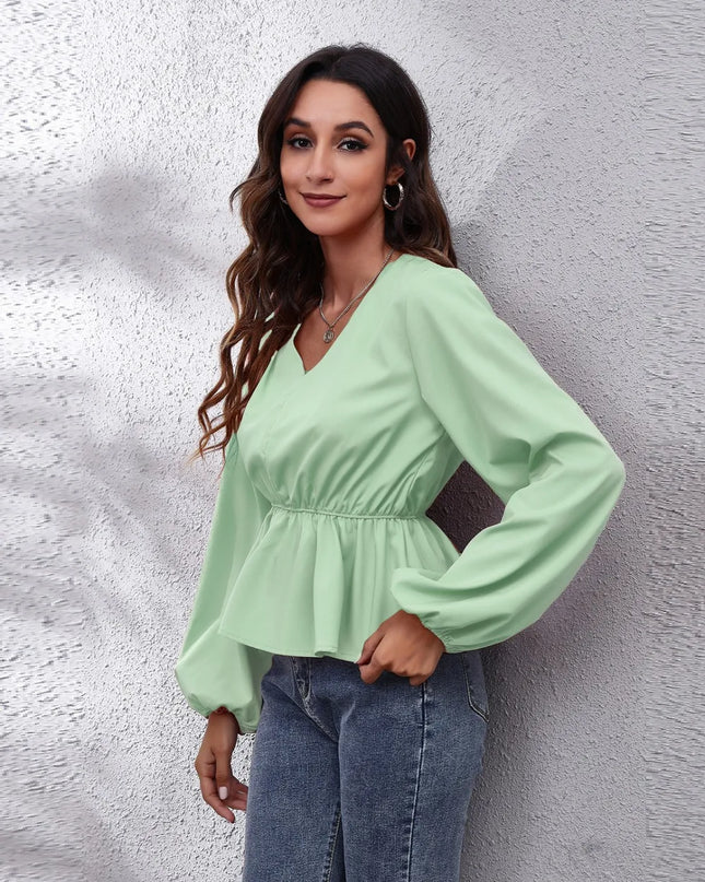 V-Neck Balloon Sleeve Peplum Blouse