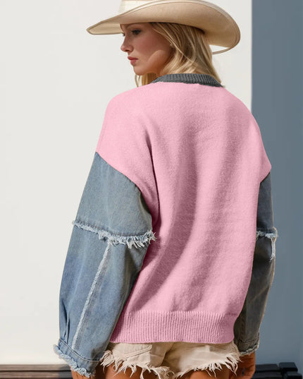 Double Take Full Size Star Pattern Raw Edge Long Sleeve Sweater