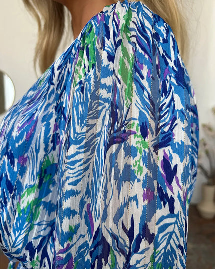 Double Take Full Size Printed Drawstring Waist Long Sleeve Dress