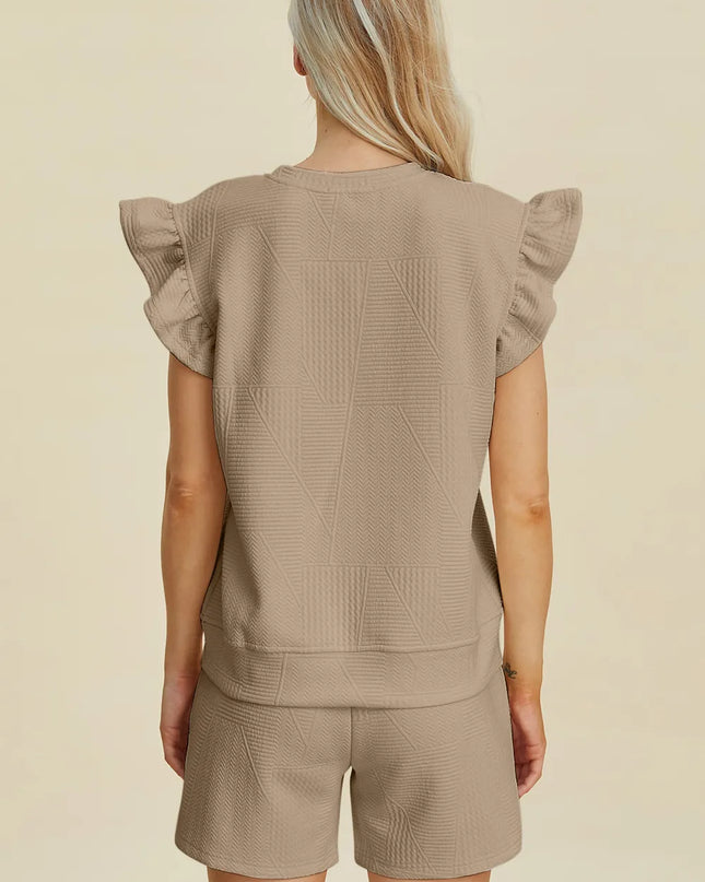 Double Take Full Size Texture Round Neck Ruffle Sleeve Top and Shorts Set