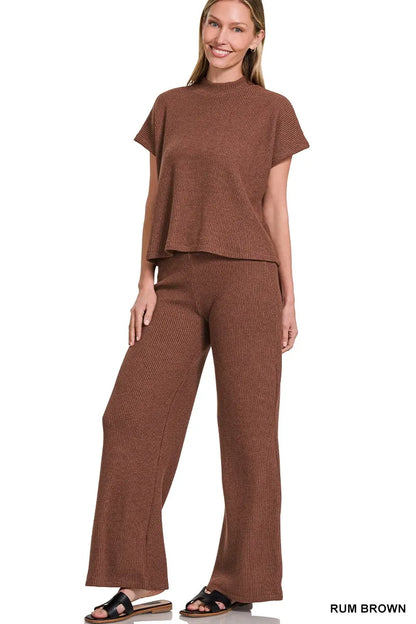 Zenana Sweater Boxy Top & Long Pants Set RUM BROWN