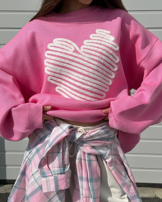 Heart Round Neck Oversized Sweater Hot Pink