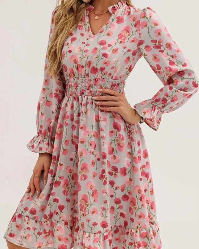 Floral Print Flounce Sleeve Ruffle Hem Dress