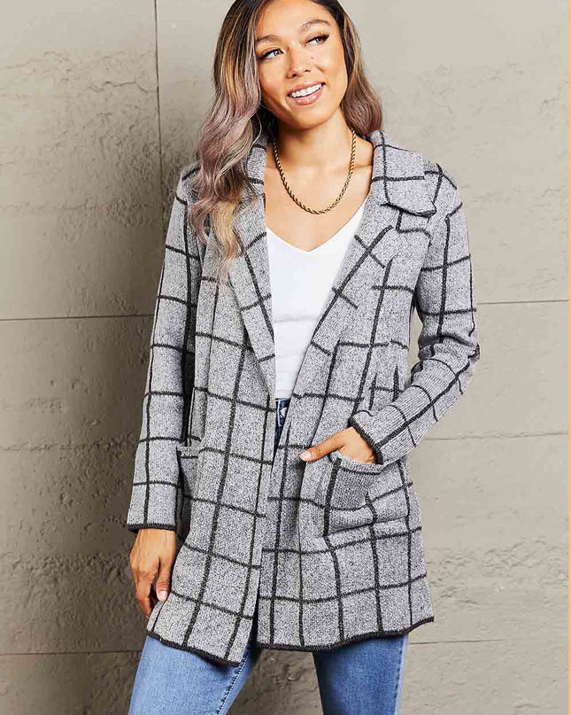 Printed Open Front Lapel Collar Cardigan with Pockets