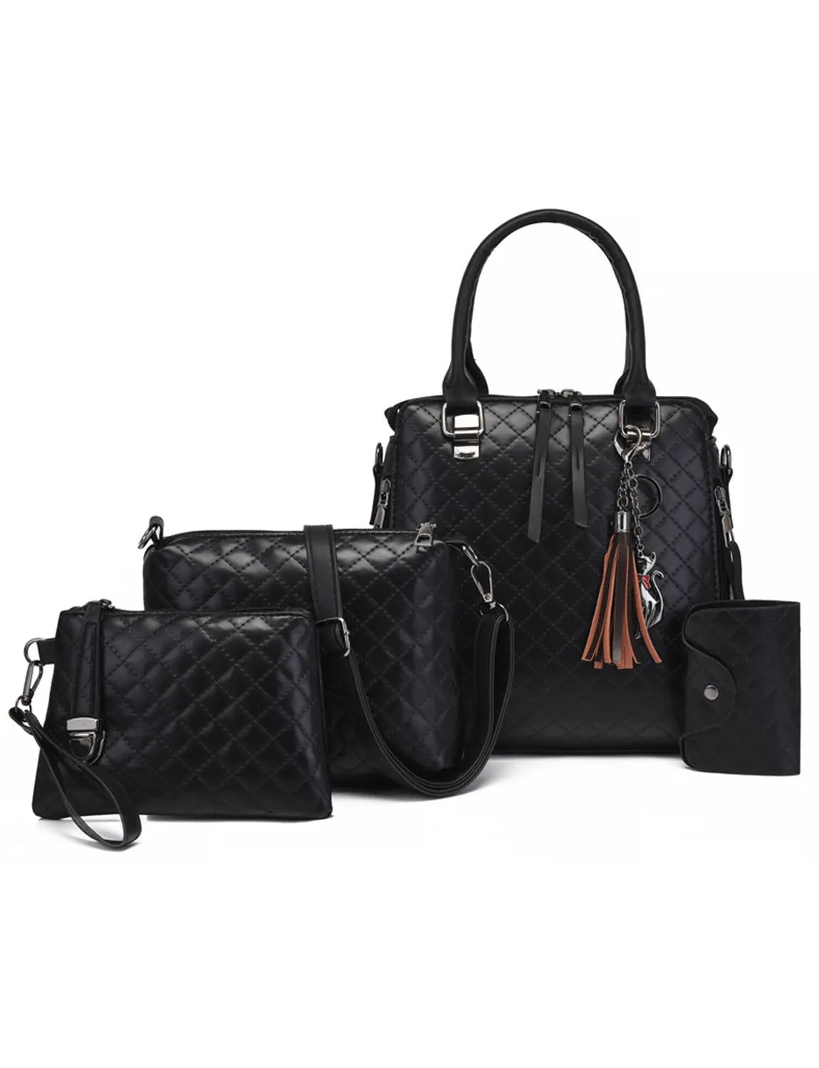 4-Piece PU Leather Bag Set with Tassel Detail Black onesize
