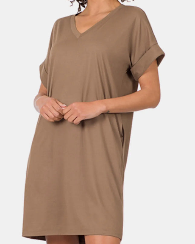 Zenana Rolled Short Sleeve V-Neck Dress MOCHA
