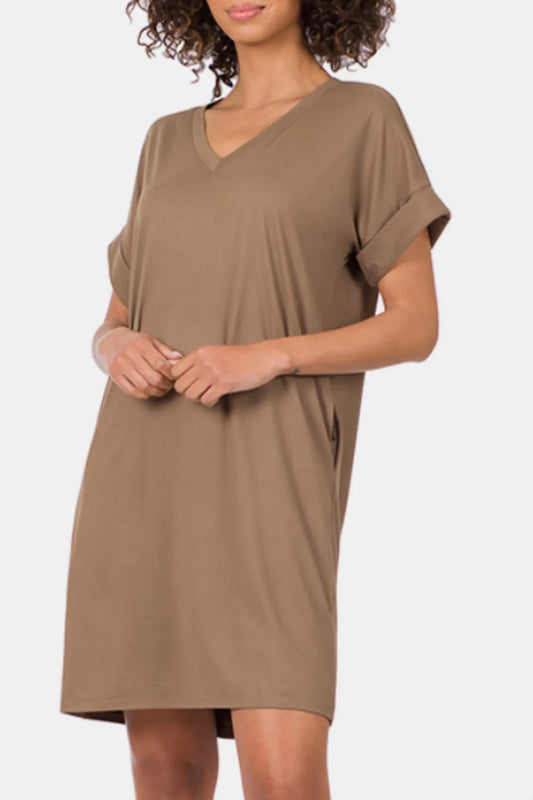 Zenana Rolled Short Sleeve V-Neck Dress MOCHA