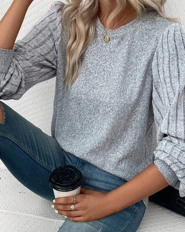 Ribbed Round Neck Long Sleeve Knit Top