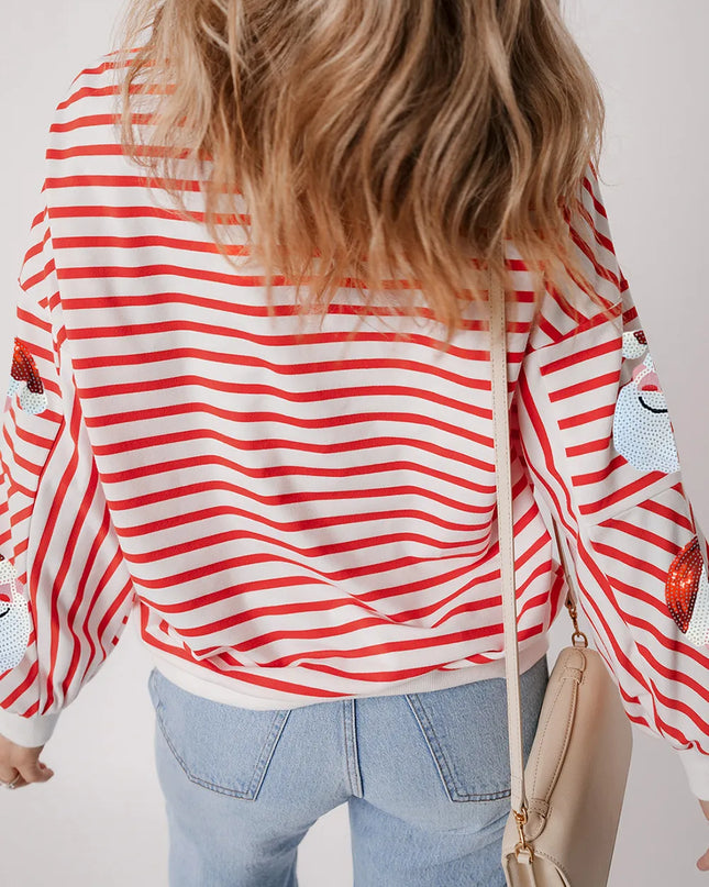 Sequin Santa Striped Round Neck Long Sleeve Sweatshirt