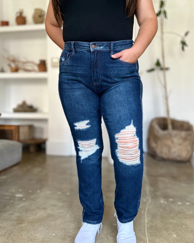 Judy Blue Full Size High Waist Rigid Magic Heavy Destroy Straight Jeans 