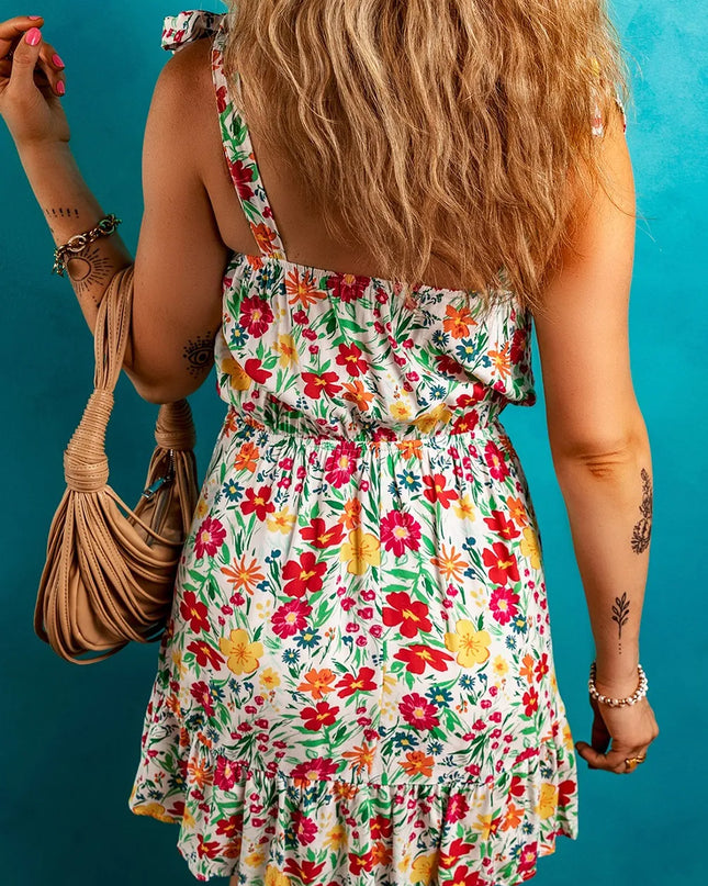 Floral Knotted Straps Cinched Waist Ruffle Hem Mini Dress