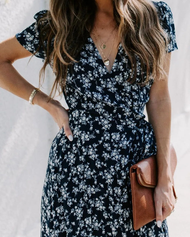 Floral Surplice Short Sleeve Dress