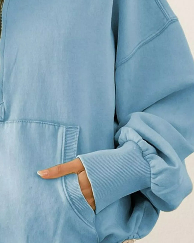 BiBi Stitch Detailed Elastic Hem Half Zip Fleece Hoodie