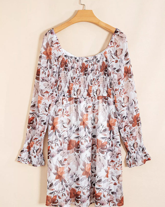 Floral Print Sweetheart Neck Long Sleeve High Waist Mini Dress