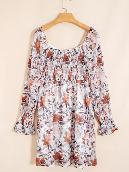 Floral Print Sweetheart Neck Long Sleeve High Waist Mini Dress