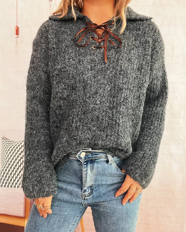 Lace Up Long Sleeve Sweater Dark Gray One Size