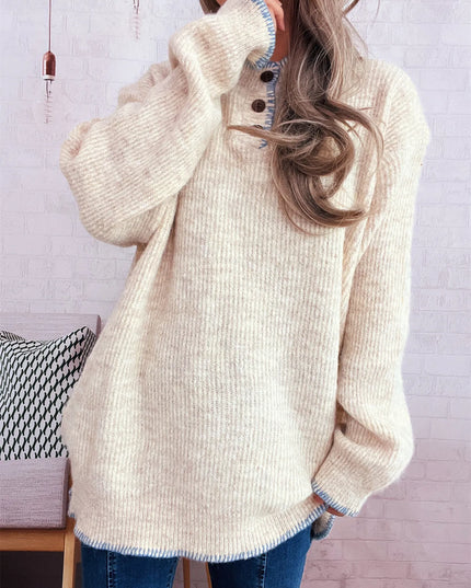 Ribbed Button Detail Long Sleeve Sweater Apricot One Size