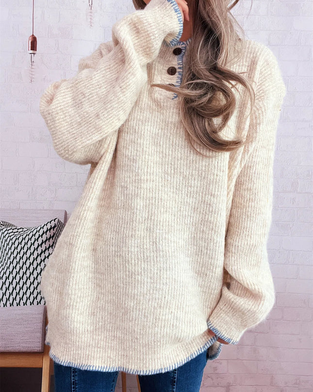 Ribbed Button Detail Long Sleeve Sweater Apricot One Size