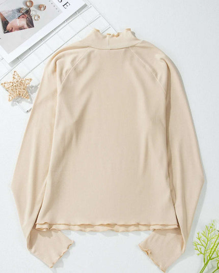 Ribbed Knit Lettuce Trim Mock Neck Long Sleeve Top