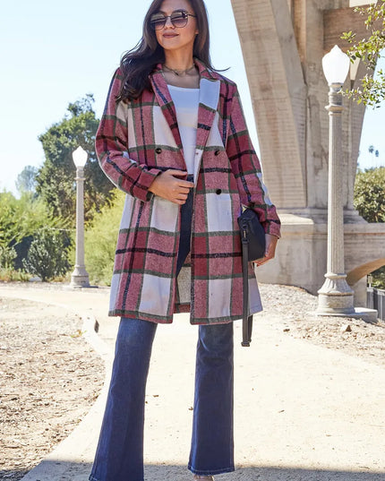 Double Take Full Size Plaid Button Up Lapel Collar Coat Deep Red