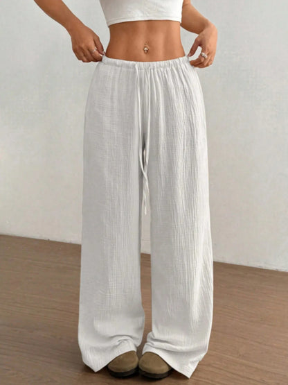 Wide Leg Drawstring Casual Pants White