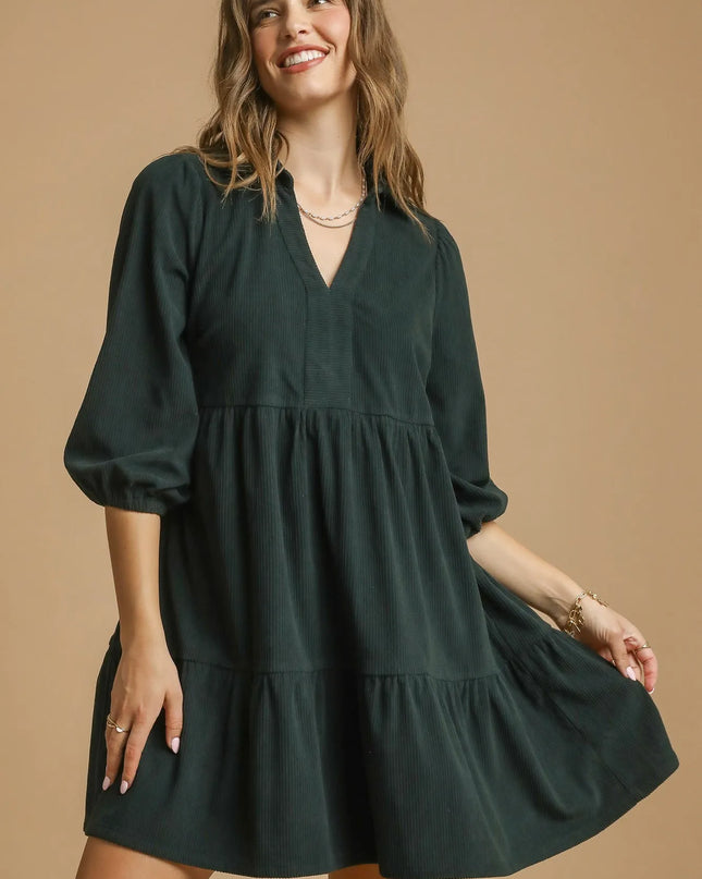 Umgee Tiered Johnny Collar Balloon Sleeve Dress