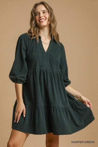 Umgee Tiered Johnny Collar Balloon Sleeve Dress