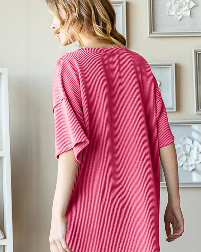 Heimish Full Size Ribbed Half Button Drop Shoulder Top