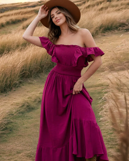 Ruffled Smocked Square Neck Maxi Dress Deep Purple